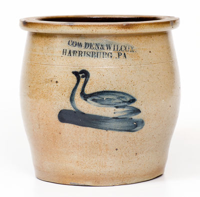 Scarce COWDEN & WILCOX / HARRISBURG, PA Stoneware Jar w/ Cobalt Swan Decoration