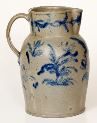 One-Gallon Baltimore Stoneware Pitcher w/ Elaborate Cobalt Floral Decoration, c1825