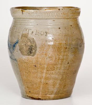 Very Rare WARNE & LETTs 1807 (South Amboy, NJ) Stoneware Jar w/ Impressed Bird Design