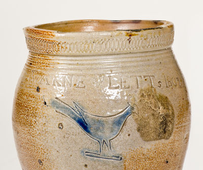 Very Rare WARNE & LETTs 1807 (South Amboy, NJ) Stoneware Jar w/ Impressed Bird Design