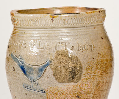 Very Rare WARNE & LETTs 1807 (South Amboy, NJ) Stoneware Jar w/ Impressed Bird Design