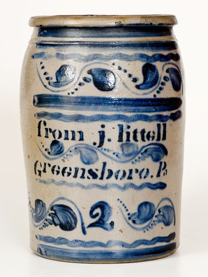 Exceptional  J. Littell / Greensboro, PA Stoneware Jar w/ Profuse Freehand Cobalt Decoration