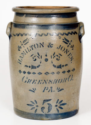 Five-Gallon HAMILTON & JONES / GREENSBORO / PA Cobalt-Decorated Stoneware Jar