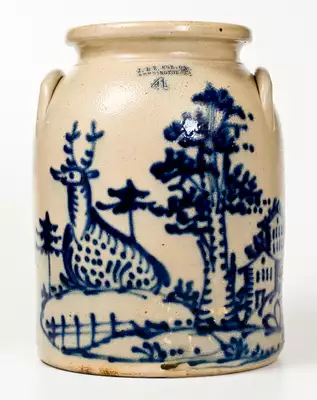 Outstanding J. & E. NORTON / BENNINGTON, VT Stoneware Jar w/ Extravagant Cobalt Deer Scene