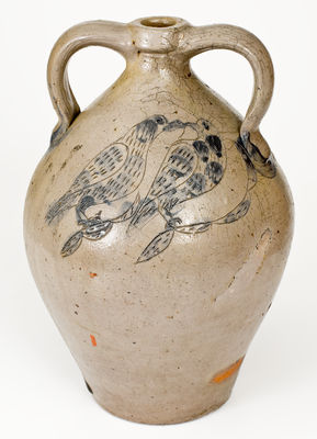 Exceptional Double-Handled Stoneware Jug w/ Incised Fish and Double-Bird Motifs, Ohio origin