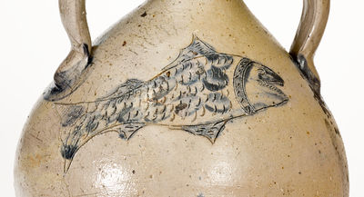Exceptional Double-Handled Stoneware Jug w/ Incised Fish and Double-Bird Motifs, Ohio origin