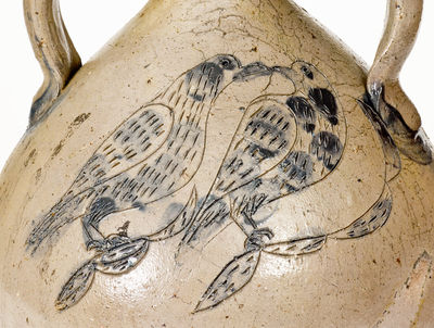 Exceptional Double-Handled Stoneware Jug w/ Incised Fish and Double-Bird Motifs, Ohio origin