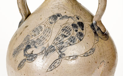 Exceptional Double-Handled Stoneware Jug w/ Incised Fish and Double-Bird Motifs, Ohio origin