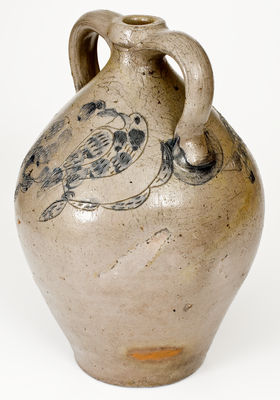 Exceptional Double-Handled Stoneware Jug w/ Incised Fish and Double-Bird Motifs, Ohio origin
