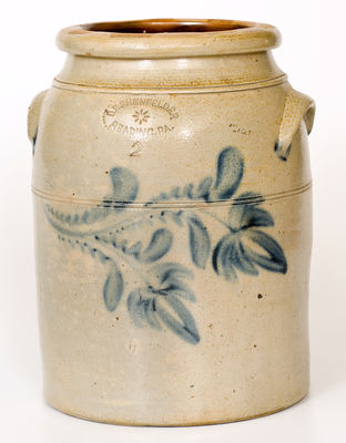 Two-Gallon D.P. SHENFELDER / READING, PA Stoneware Jar w/ Cobalt Floral Decoration