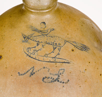 Extremely Rare Stoneware Jug w/ Incised Fox and Bird Decoration, circa 1825