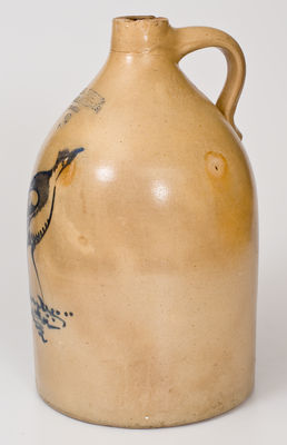 Three-Gallon Boston, MA Stoneware Advertising Jug w/ Cobalt Standing Bird Decoration