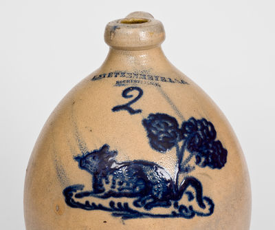 Extremely Rare F. STETZENMEYER / ROCHESTER, N.Y. Stoneware Jug w/ Cat Decoration