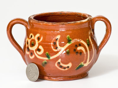 Very Fine Southeastern PA Redware Sugar Bowl w/ Elaborate Three-Color Slip Floral Decoration