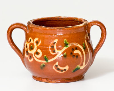 Very Fine Southeastern PA Redware Sugar Bowl w/ Elaborate Three-Color Slip Floral Decoration