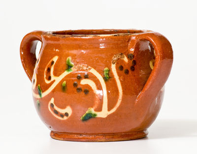 Very Fine Southeastern PA Redware Sugar Bowl w/ Elaborate Three-Color Slip Floral Decoration