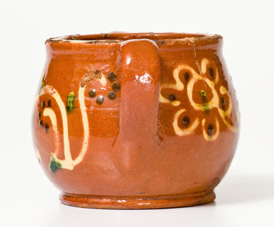 Very Fine Southeastern PA Redware Sugar Bowl w/ Elaborate Three-Color Slip Floral Decoration