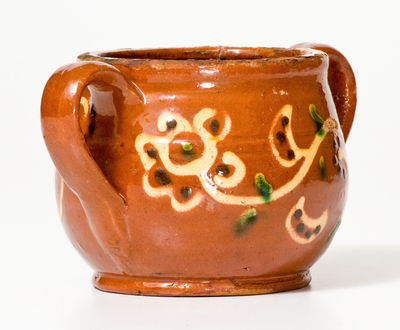 Very Fine Southeastern PA Redware Sugar Bowl w/ Elaborate Three-Color Slip Floral Decoration