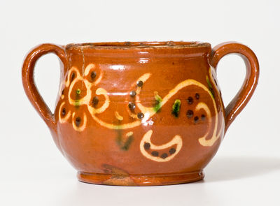 Very Fine Southeastern PA Redware Sugar Bowl w/ Elaborate Three-Color Slip Floral Decoration
