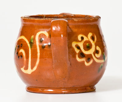 Very Fine Southeastern PA Redware Sugar Bowl w/ Elaborate Three-Color Slip Floral Decoration