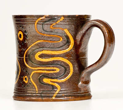 Exceptional Redware Mug with Elaborate Slip Decoration, probably Alamance County, North Carolina