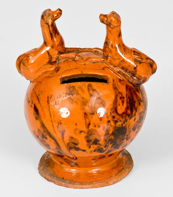Pennsylvania Redware Bank w/ Reclining Dog Finials