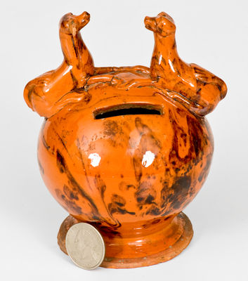 Very Rare Pennsylvania Redware Bank w/ Dog Finials