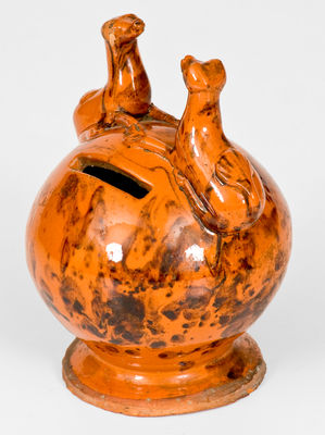Very Rare Pennsylvania Redware Bank w/ Dog Finials