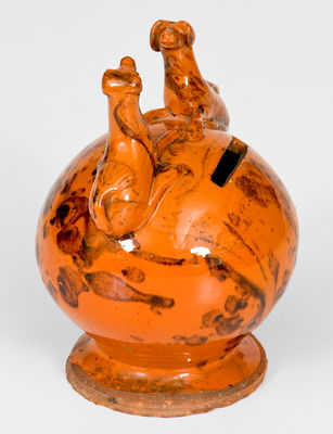 Very Rare Pennsylvania Redware Bank w/ Dog Finials