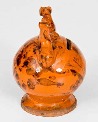Very Rare Pennsylvania Redware Bank w/ Dog Finials