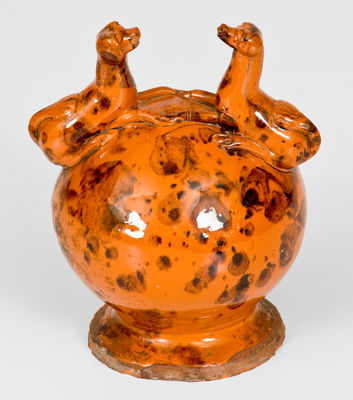 Very Rare Pennsylvania Redware Bank w/ Dog Finials