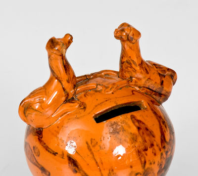 Very Rare Pennsylvania Redware Bank w/ Dog Finials