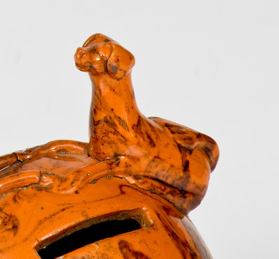 Very Rare Pennsylvania Redware Bank w/ Dog Finials
