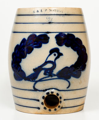 Very Fine E. & L. P. NORTON / BENNINGTON, VT Stoneware Cooler w/ Bird and Wreath Decoration