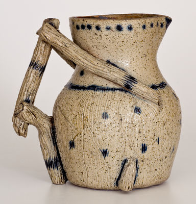 Cobalt-Decorated Ohio Stoneware Pitcher with Elaborate Twig-Form Handle, Dated January 1, 1889
