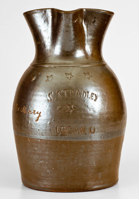 Rare S. STRADLEY / LOGAN, OH Stoneware Pitcher w/ Impressed Stars: "Eat, Drink, + Be Merry"