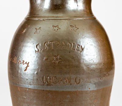 Rare S. STRADLEY / LOGAN, OH Stoneware Pitcher w/ Impressed Stars: "Eat, Drink, + Be Merry"