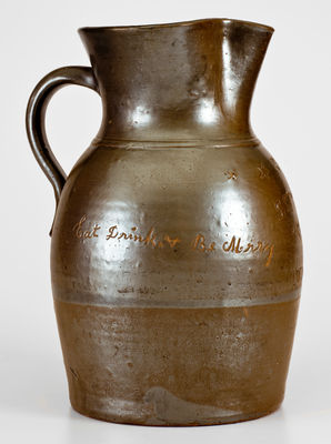 Rare S. STRADLEY / LOGAN, OH Stoneware Pitcher w/ Impressed Stars: "Eat, Drink, + Be Merry"