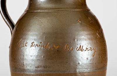 Rare S. STRADLEY / LOGAN, OH Stoneware Pitcher w/ Impressed Stars: "Eat, Drink, + Be Merry"