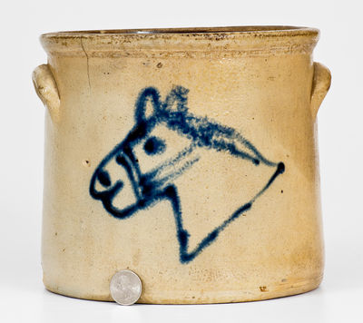 Rare One-Gallon New York State Stoneware Crock w/ Cobalt Horse Head Decoration