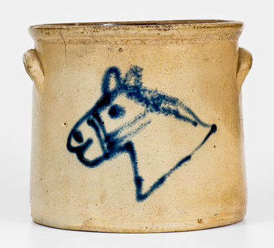 Rare One-Gallon New York State Stoneware Crock w/ Cobalt Horse Head Decoration