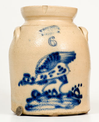 Six-Quart WEST TROY / N.Y. / POTTERY Stoneware Jar w/ Cobalt Chicken Decoration