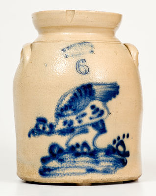 Six-Quart WEST TROY / N.Y. / POTTERY Stoneware Jar w/ Cobalt Chicken Decoration