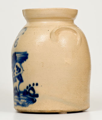 Six-Quart WEST TROY / N.Y. / POTTERY Stoneware Jar w/ Cobalt Chicken Decoration