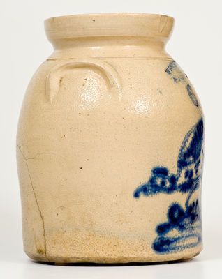 Six-Quart WEST TROY / N.Y. / POTTERY Stoneware Jar w/ Cobalt Chicken Decoration