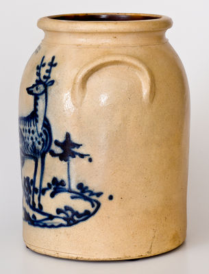 Rare Three-Gallon J. & E. NORTON / BENNINGTON, VT Stoneware Jar w/ Elaborate Cobalt Deer Scene