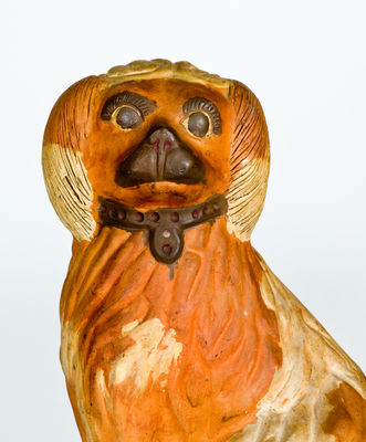 Rare and Fine Large-Sized Ohio Stoneware Spaniel Doorstop w/ Two-Color Slip Decoration