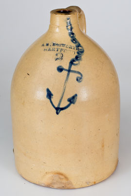 Rare S.B. BOSWORTH / HARTFORD, CT Two-Gallon Stoneware Jug w/ Cobalt Anchor Decoration