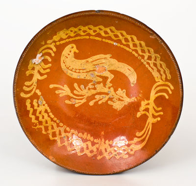 Large-Sized Matawan, NJ Redware Plate w/ Elaborate Yellow-Slip Bird Decoration