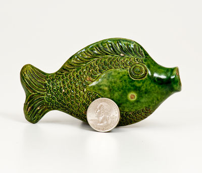 Rare and Fine Small-Sized Moravian Redware Fish Bottle w/ Copper Glaze, Salem, NC